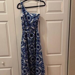 Talbots One-Shoulder Dress in Blue and White